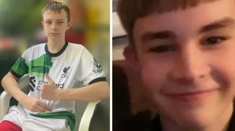 Two photos side by side of two teenage boys. On the left is Mason, sat in a plastic chair wearing a Liverpool Football Club top in white and green. On the right is Mason, the photo is a close-up of his face and he is smiling at the camera.