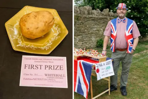 Martin Parr/Magnum A potato on a yellow plate on the left, with a pink "first prize" card next to it. Next to it is an image of a man wearing a Union flag hat, bow tie and waistcoat standing next to a table with a "pick a lolly" game on it.