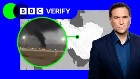 A composite image that shows a screengrab of verified video showing a plume of smoke near Iran's Natanz nuclear site, pinpointed to a map of Iran. In the foreground is a photo of Ros Atkins.