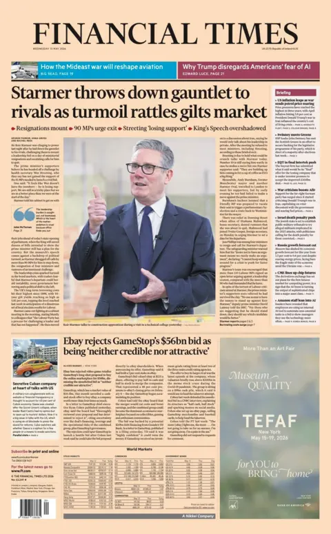 The headline on the front page of the Financial Times reads: “Starmer throws down gauntlet to rivals as turmoil rattles gilts market”.
