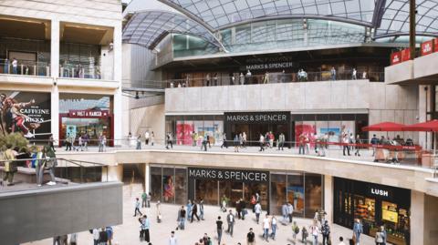 Artist's impression of M&S store at Cabot Circus spread across three floors with shoppers outside.
