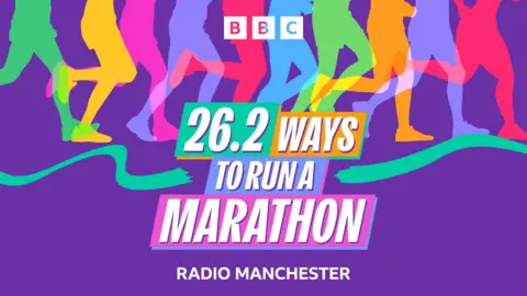 A promotional image which reads 26.2 ways to run a marathon - Radio Manchester. Its features colourful graphics of people running on a purple background. 