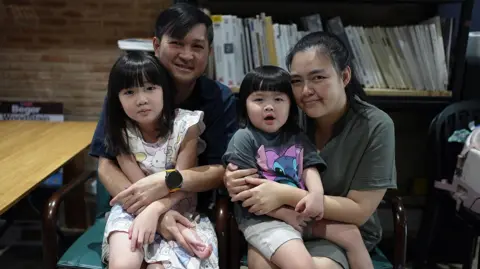 BBC/Wasawat Lukharang Thirayut Wongsantisuk with his wife and two daughters at their residence in Mueang district, Chiang Mai