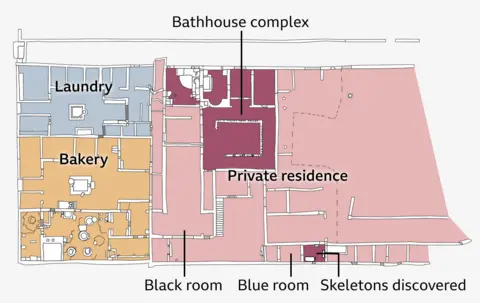 A hand-drawn floor plan of the excavation site highlighting the five rooms that made up the bath complex within the private residence.