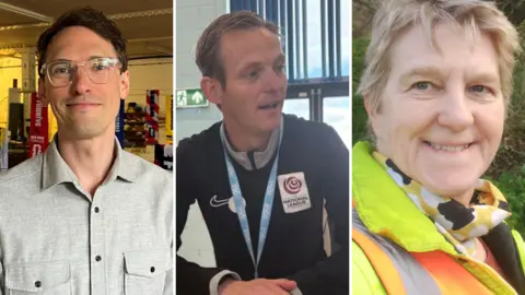 Three side-by-side images; on the left, a brown-haired man with a grey shirt and clear rimmed glasses smiles. in the middle, a man with light blonde hair and referee uniform looks to the side. On the right, an older woman with short blonde hair wearing a fluorescent yellow coat smiles in a selfie-style image. 