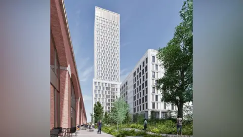 A CGI of proposals for a new development at Charles Street in Manchester. The large tower with white detailing emerges from an urban scene, towering upwards into a blue sky. 
