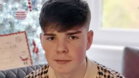 A headshot of a boy with short brown hair, combed in a side shed. He is expressionless and appears to have been photographed in a living room with a Christmas tree in the background. He is wearing a brown and white checked polo shirt.