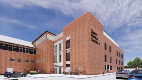 The image shows a digital architectural rendering of a modern brick hospital building. A Chapel Allerton Hospital sign is shown in black lettering on the right-hand side. 