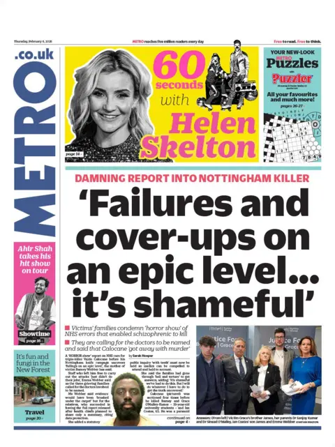 Metro front page with headline 'Failures and cover-ups on an epic level...it's shameful'