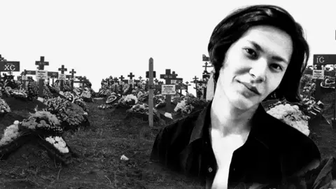 BBC Image of Murat Mukashev inset and a cemetery behind him