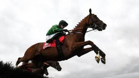 Ridden by Sean O'Keeffe, HMS Seahorse is shown jumping over a fence during a race in Ireland in 2022. The image is taken from underneath the horse, with grey clouds visible behind. O'Keefe wears a green top and helmet with white trousers. 