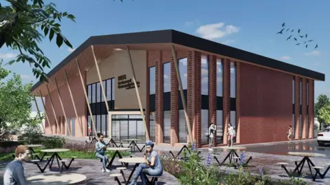 A computer generated version of how the new building might look. It is a two storey building large, high-windows. Out the front are tables and stools with some CGI people sitting on them.