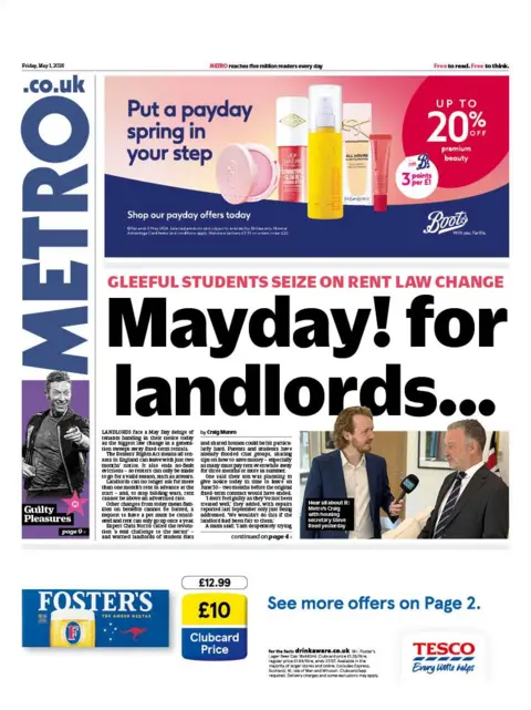 The headline on the front page of the Metro reads: “Mayday! for landlords...”.