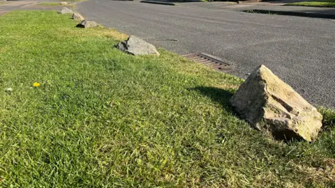 Stone decorations in grass