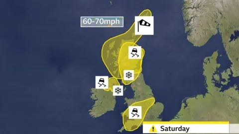 A map of the British Isles showing yellow warning areas for ice and snow in Northern Ireland and much of Scotland, for wind in Scotland and for ice in parts of Wales and England 