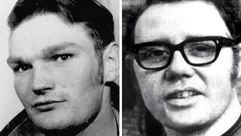 BBC James Wray and William McKinney. Two separate photos next to each other of two men. the photos are black and white. Both men have dark coloured hair and Mr McKinney wears glasses. 