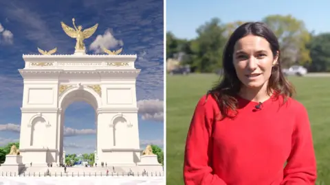 A split screen of a rendering of arch on the left and a woman in red on the right.