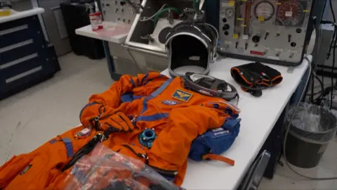 The Orion spacesuit is seen at the Johnson Space Center.