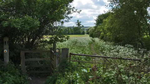 A gate and footpath through fields on the Gloucestershire Way near Winchcombe, Gloucestershire, a village in the Cotswolds.
