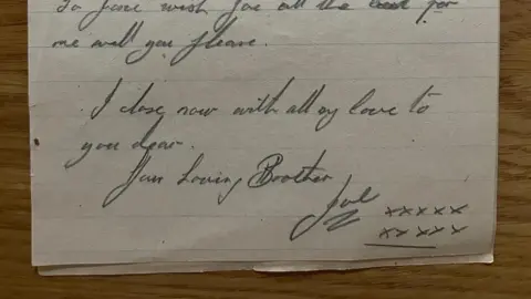 Woods Family The letter sent by Joe to his sister Josie. The section says "your loving brother, Joe".