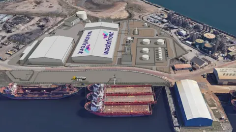 Wastefront A computer generated image showing two main warehouse buildings, one displaying the words Wastefront, superimposed onto an aerial image of the existing Port of Sunderland 