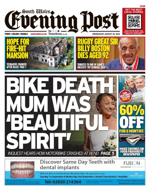 South Wales Evening Post Main headline: Bike death mum was 'beautiful spirit'. Next to photo of a a woman smiling in a bridal dress.