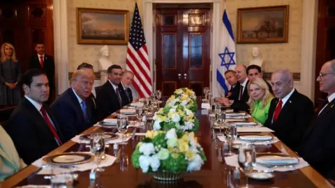 US President Donald Trump meets with Israeli Prime Minister Benjamin Netanyahu at the White House in Washington DC on 7 July 2025.