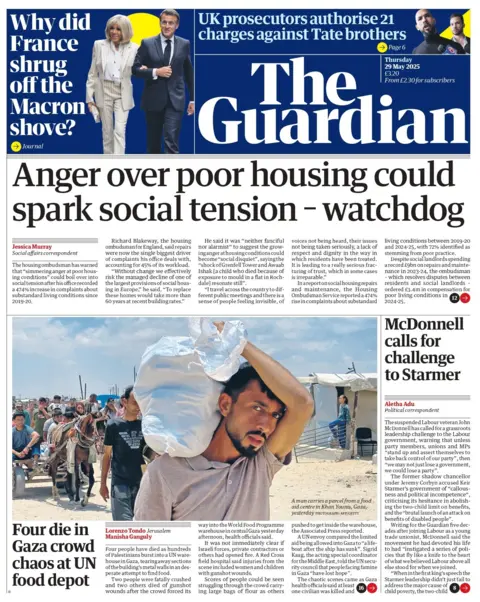 The headline on the front page of The Guardian reads "anger over poor housing could spark social tension - watchdog."