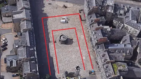 Aberdeen City Council Aerial view of the Castlegate in Aberdeen, with outlines showing the area of flagstones which will be replaced