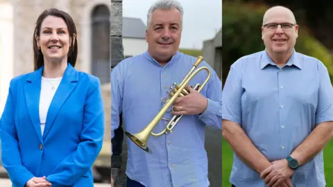 PA Media A collage of three people. The first is Joanne Marie Fitzpatrick, wearing a blue jacket with her hands clasped in front of her. The second is Dr Linley Hamilton, wearing a blue shirt and holding a trumpet. The third is Ivan Black, wearing a blue shirt and his left hand is holding his right wrist.