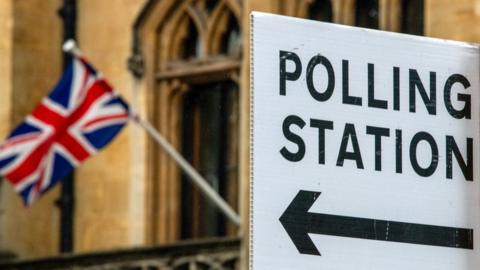 A sign for a polling station in Westminster ahead of the UK general election, in London, UK, on Tuesday, on 2 July 2024