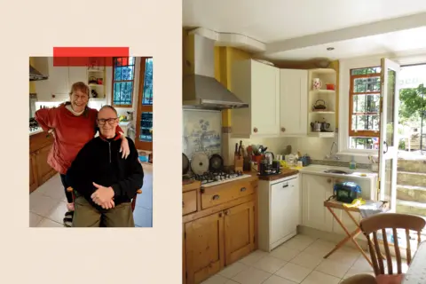 Two Images: On the left a shot of Corina and her partner of 26 years, Roger. And on the right, a shot of her Kitchen.