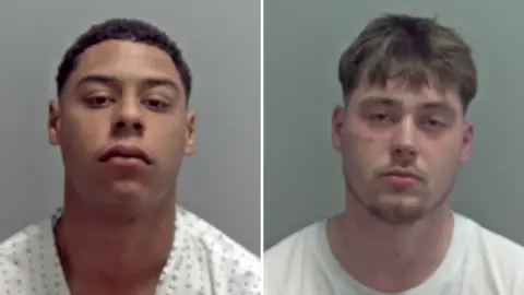 A composite of two police custody photos. On the left is a man with very short dark hair and brown eyes. He is wearing a white hospital gown. On the right is a man with short brown hair and a goatee beard, wearing a white T-shirt. Both men are expressionless. 