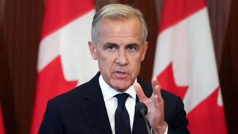 Mark Carney gestures as he talks in front of two Canadian flags