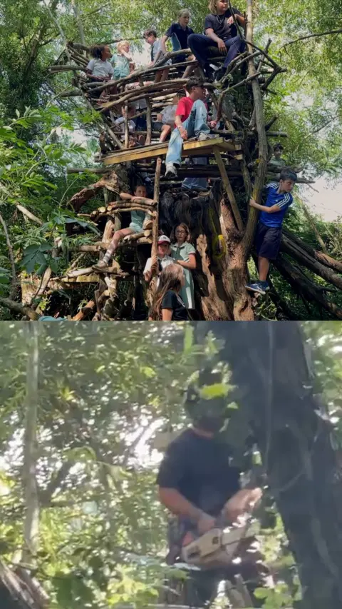 One half shows a tree house with children playing on it, the other half shows it being demolished.