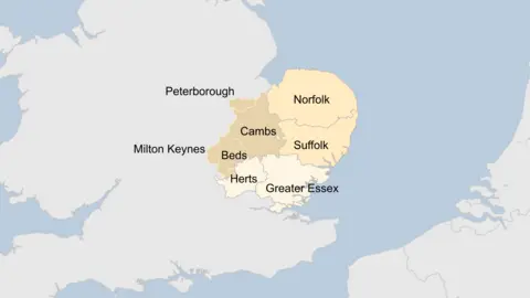 A map of the East of England splitting the counties into three groups. One group features Norfolk and Suffolk. A second group features Bedfordshire, Milton Keynes, Cambridgeshire and Peterborough. The last group combines Hertfordshire with Greater Essex.