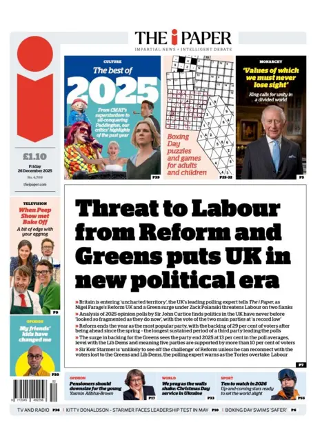 The i Paper's main headline is "Threat to Labour from Reform and Greens puts UK in new political era". 