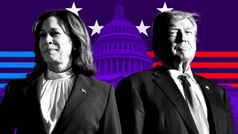 Stylized BBC image showing Harris and Trump in black and white in front of the US Capitol with a blue and red striped background