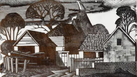 Dominic Winter Auctioneers A print of an engraving, depicting a farmhouse and an oast house.