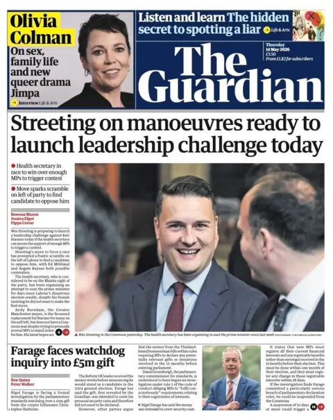 The headline on the front page of the Guardian reads: “Streeting on manoeuvres ready to launch leadership challenge today”.
