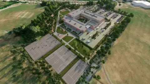 An artist's impression of the new building, shaped in a square. A big car park can be seen at the back of the school, with three sports pitches at the front. The school is surrounded by countryside.