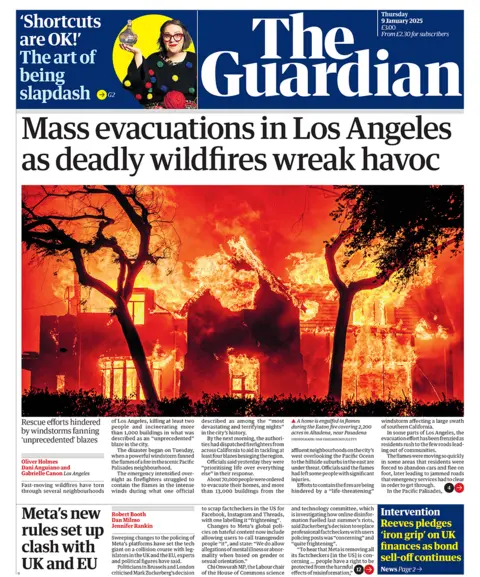 "Mass evacuations in Los Angeles as deadly wildfires wreak havoc" headlines the Guardian