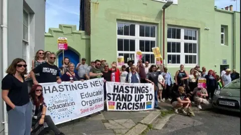 Stand Up to Racism Demonstrators outside Hastings Mosque on Sunday