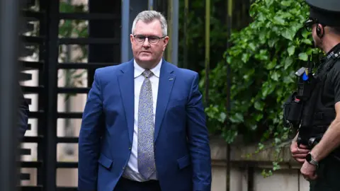 Jeffrey Donaldson, a man in a blue suit with short grey hair and glasses, seen near an entrance gate