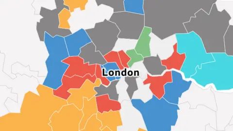 A map of London with boroughs represented in red, blue, turquoise, blue and grey