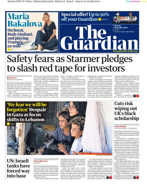 The Guardian front page reads: 