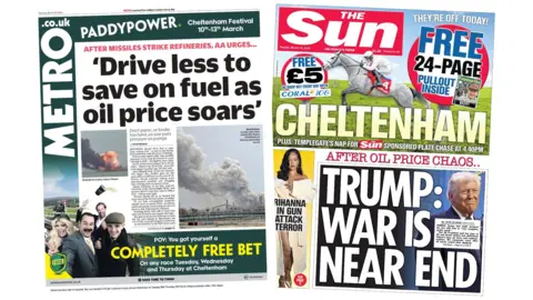 Newspaper headlines: 'Drive less to save on fuel' and 'War is near end'