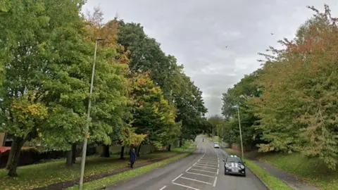 A tree lined road with cars on it and a person walking a dog. 