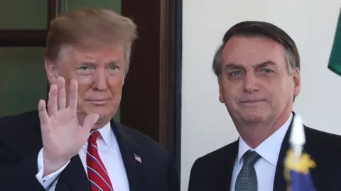 Trump, with a waving hand, stands next to Bolsonaro outside the White House. 