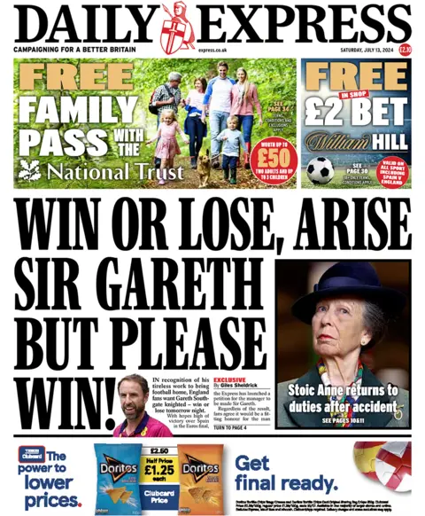 The headline on the front page of the Daily Express reads: "Win or lose, arise Sir Gareth but please win"